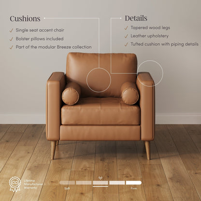 Canapé Breeze Mid-Century moderne, canapé en cuir avec coussin capitonné et cadre en bois massif