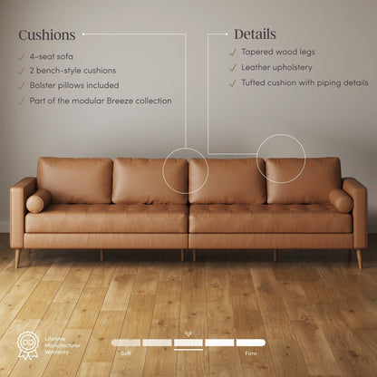Canapé Breeze Mid-Century moderne, canapé en cuir avec coussin capitonné et cadre en bois massif