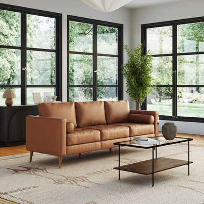 Canapé Breeze Mid-Century moderne, canapé en cuir avec coussin capitonné et cadre en bois massif