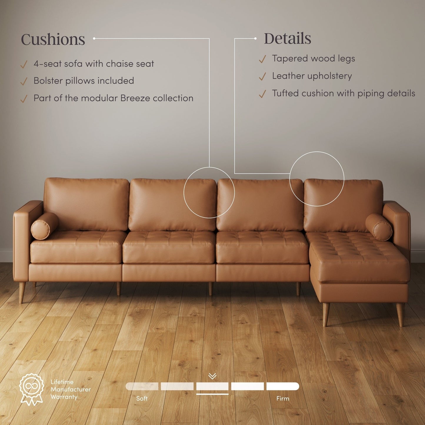 Canapé Breeze Mid-Century moderne, canapé en cuir avec coussin capitonné et cadre en bois massif