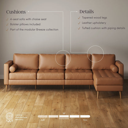 Canapé Breeze Mid-Century moderne, canapé en cuir avec coussin capitonné et cadre en bois massif