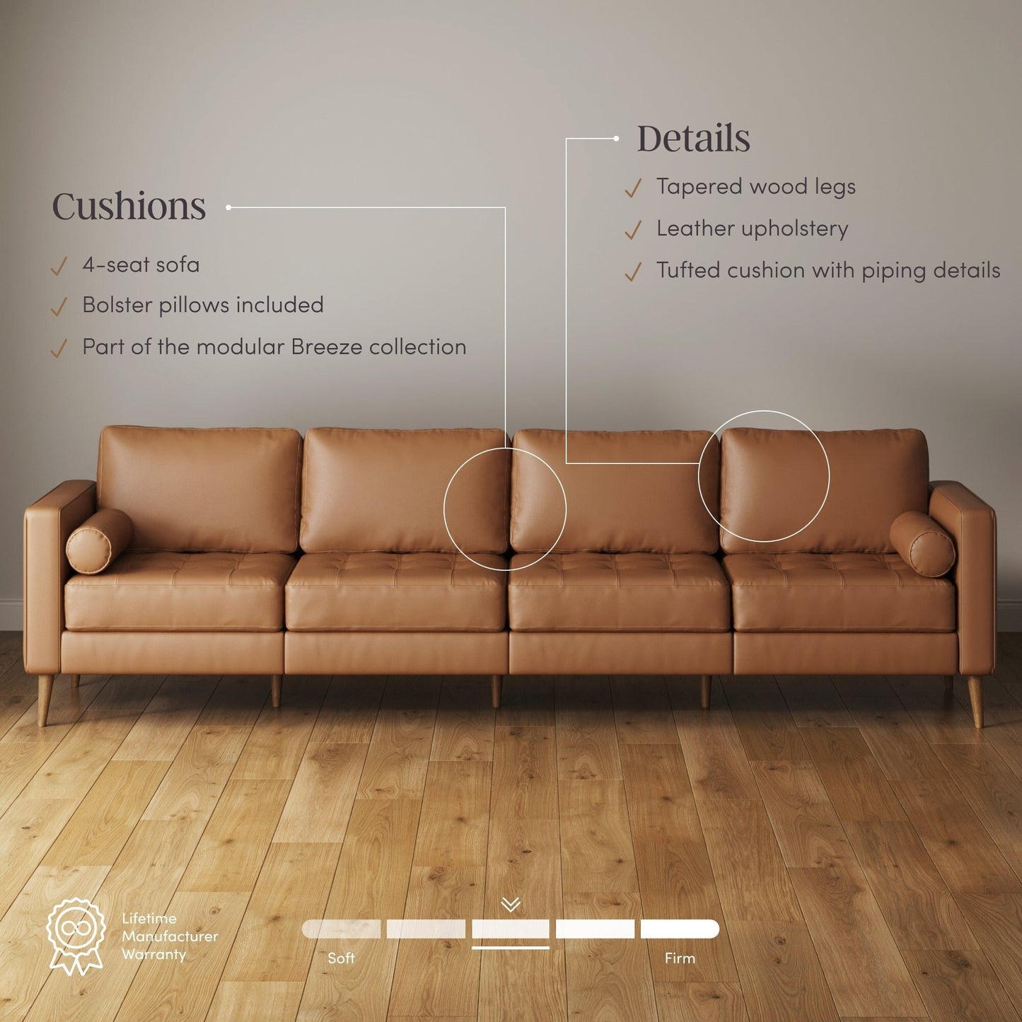 Canapé Breeze Mid-Century moderne, canapé en cuir avec coussin capitonné et cadre en bois massif