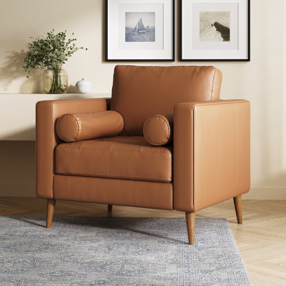 Canapé Breeze Mid-Century moderne, canapé en cuir avec coussin capitonné et cadre en bois massif