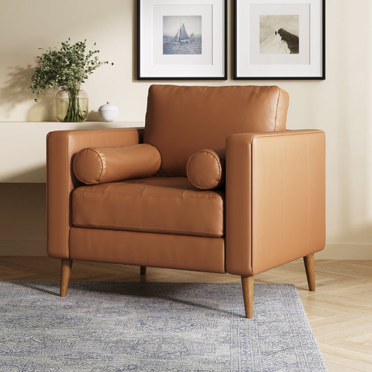 Canapé Breeze Mid-Century moderne, canapé en cuir avec coussin capitonné et cadre en bois massif