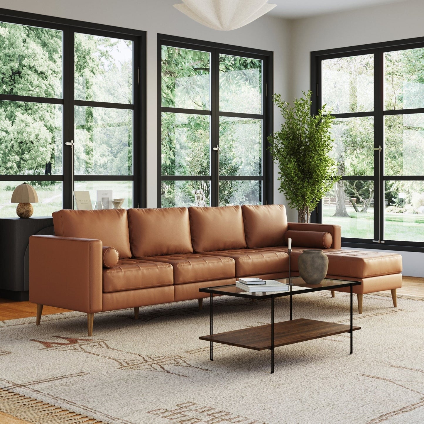 Canapé Breeze Mid-Century moderne, canapé en cuir avec coussin capitonné et cadre en bois massif