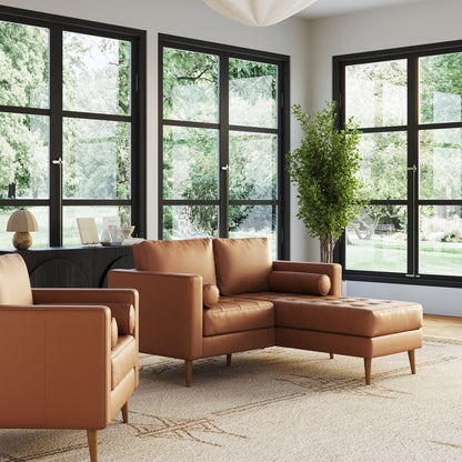 Canapé Breeze Mid-Century moderne, canapé en cuir avec coussin capitonné et cadre en bois massif
