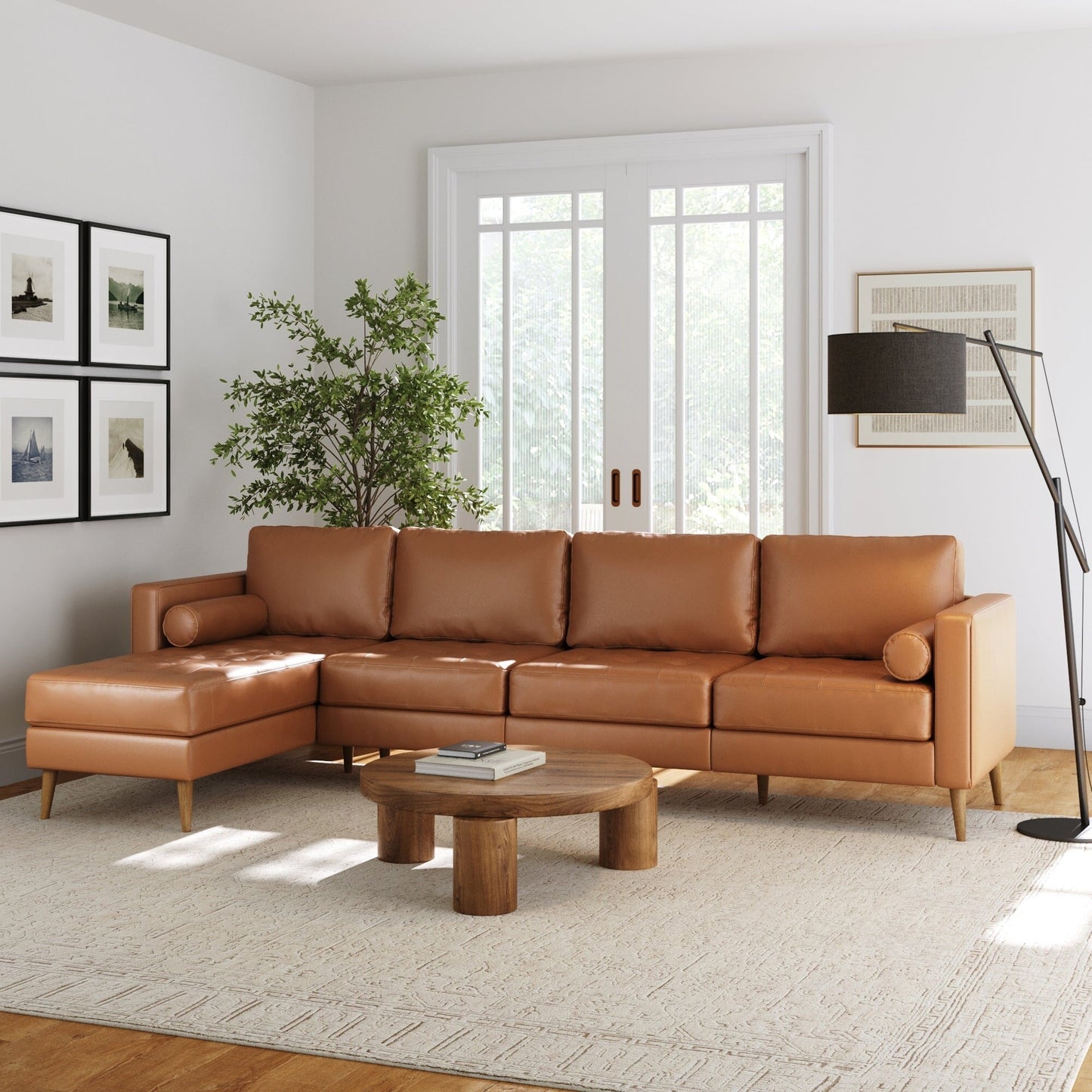 Canapé Breeze Mid-Century moderne, canapé en cuir avec coussin capitonné et cadre en bois massif