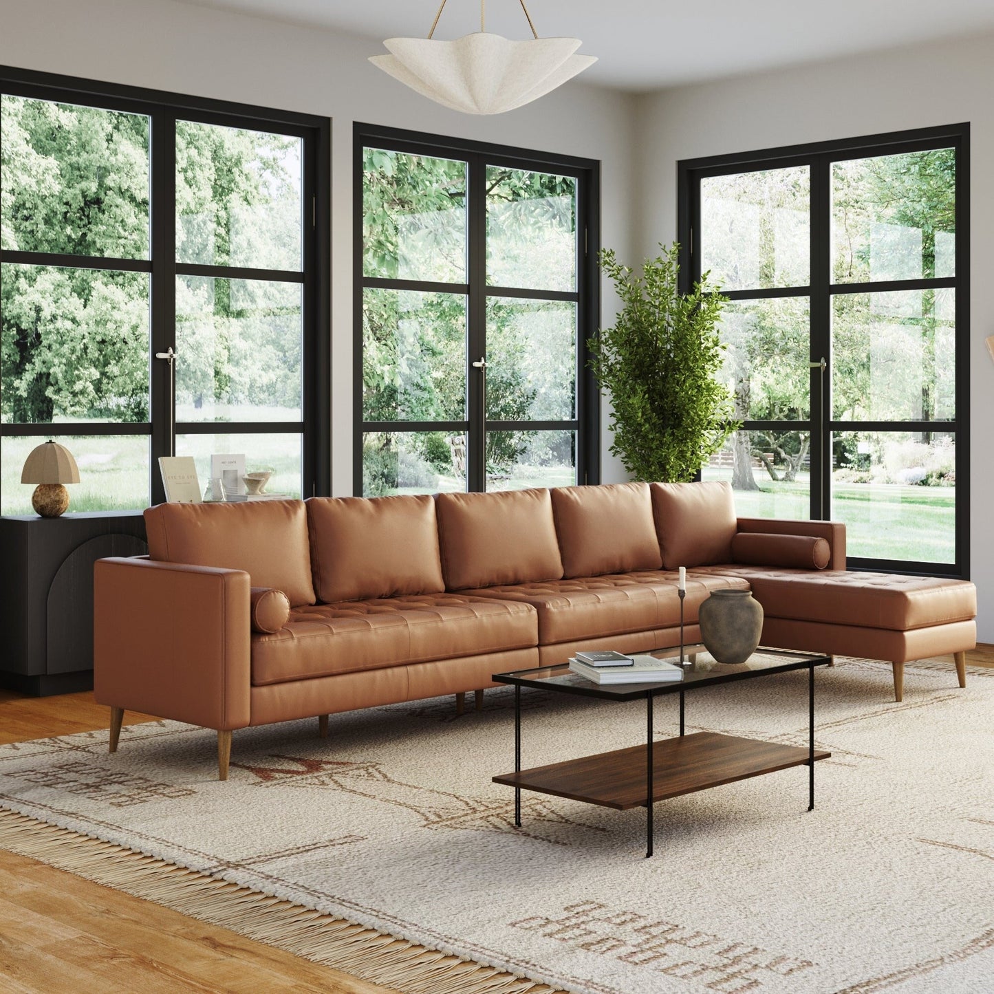 Canapé Breeze Mid-Century moderne, canapé en cuir avec coussin capitonné et cadre en bois massif