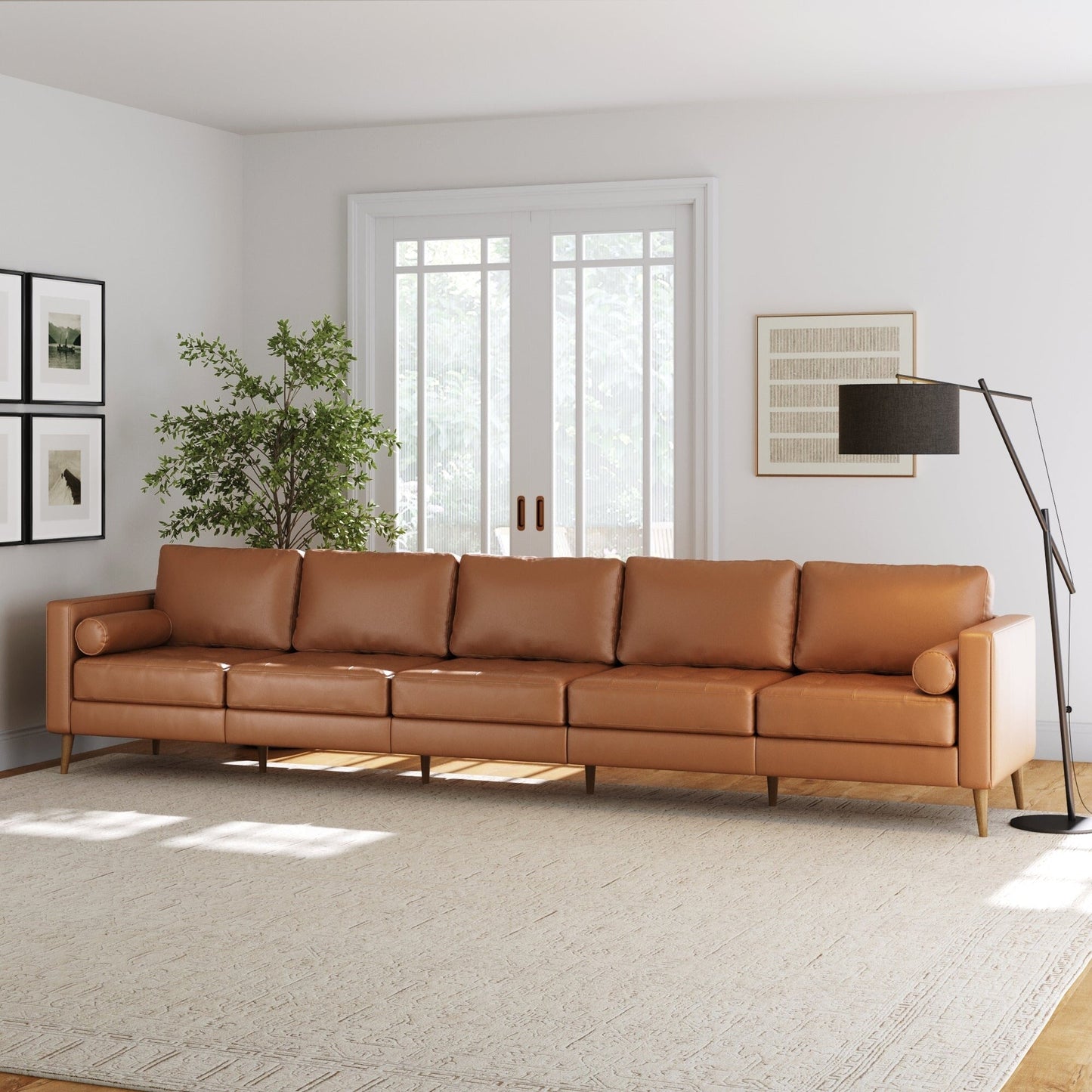 Canapé Breeze Mid-Century moderne, canapé en cuir avec coussin capitonné et cadre en bois massif