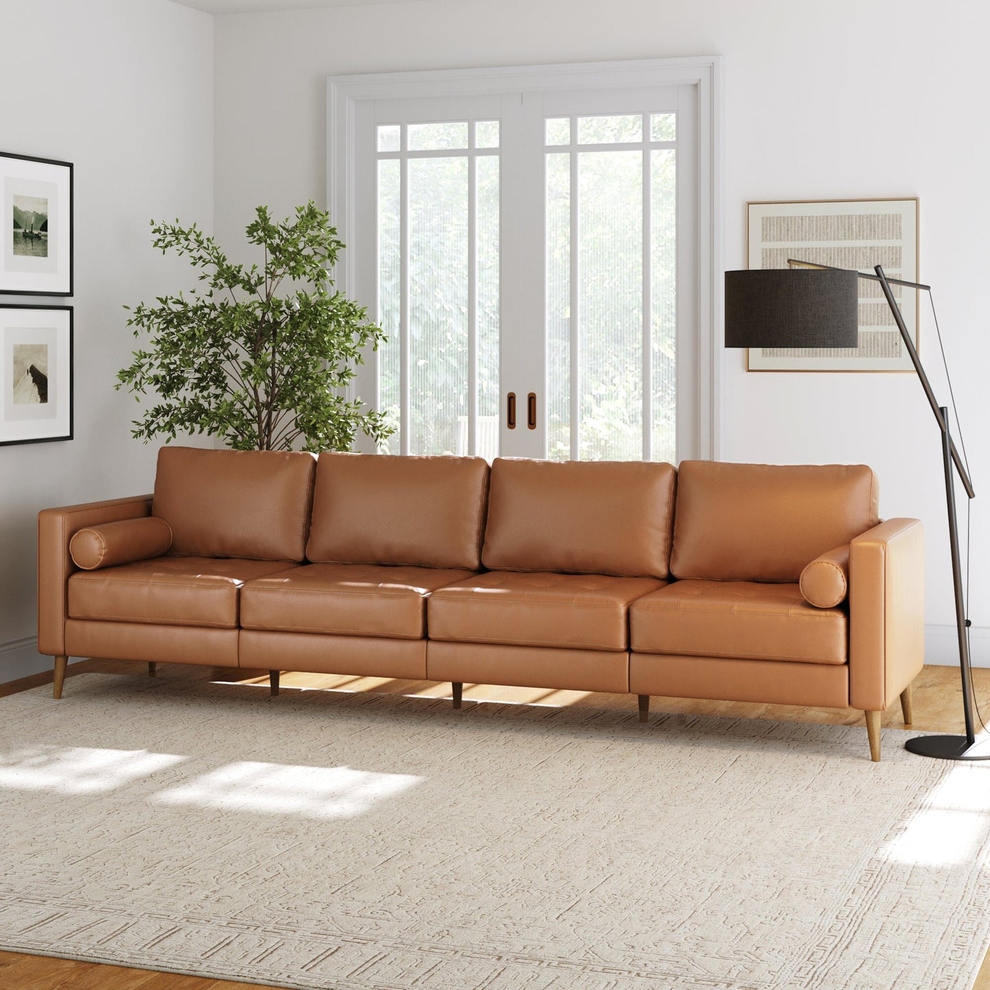 Canapé Breeze Mid-Century moderne, canapé en cuir avec coussin capitonné et cadre en bois massif