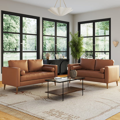 Canapé Breeze Mid-Century moderne, canapé en cuir avec coussin capitonné et cadre en bois massif