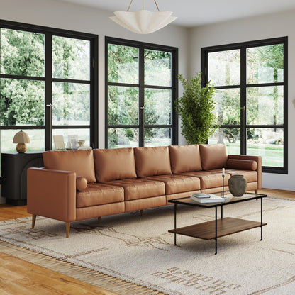 Canapé Breeze Mid-Century moderne, canapé en cuir avec coussin capitonné et cadre en bois massif