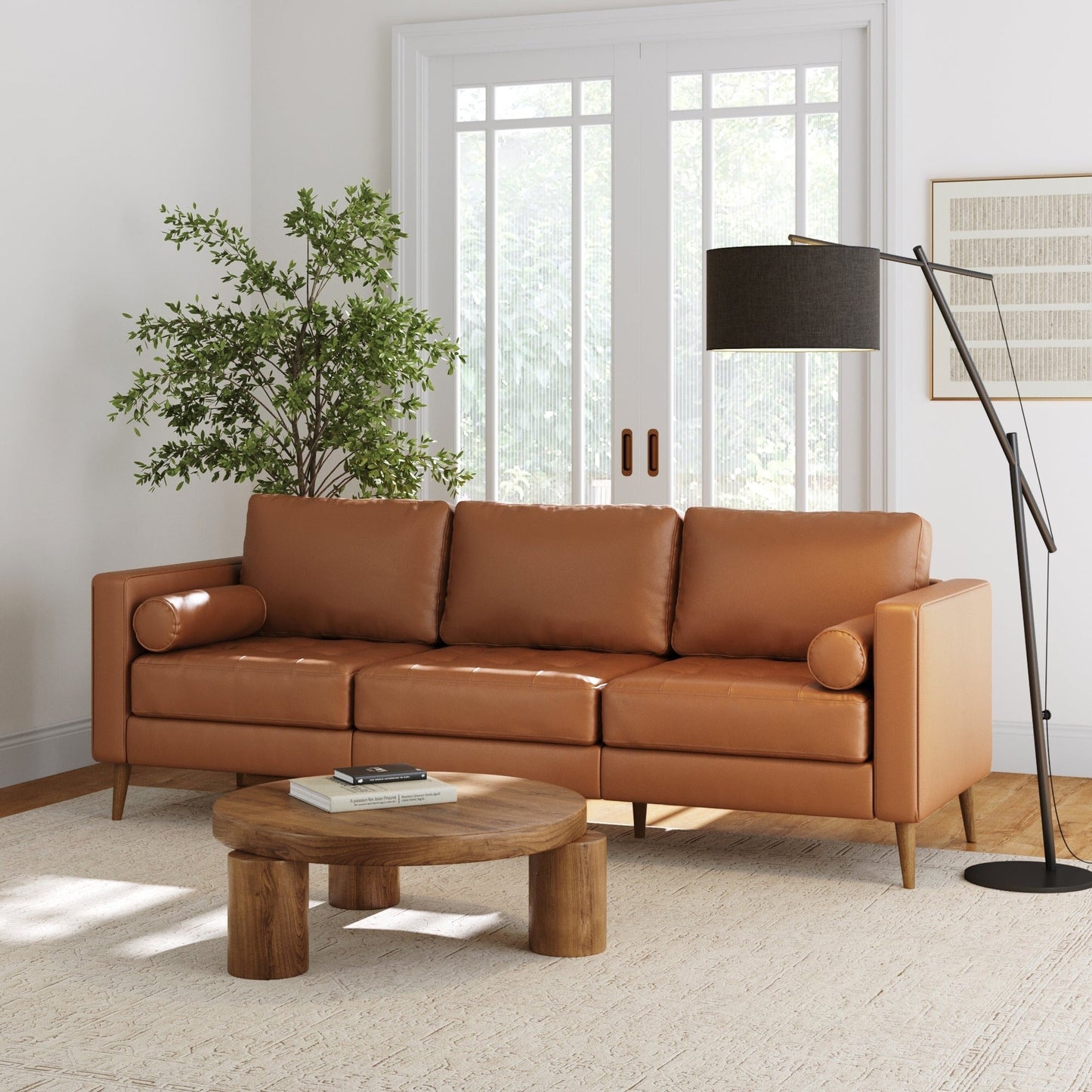 Canapé Breeze Mid-Century moderne, canapé en cuir avec coussin capitonné et cadre en bois massif