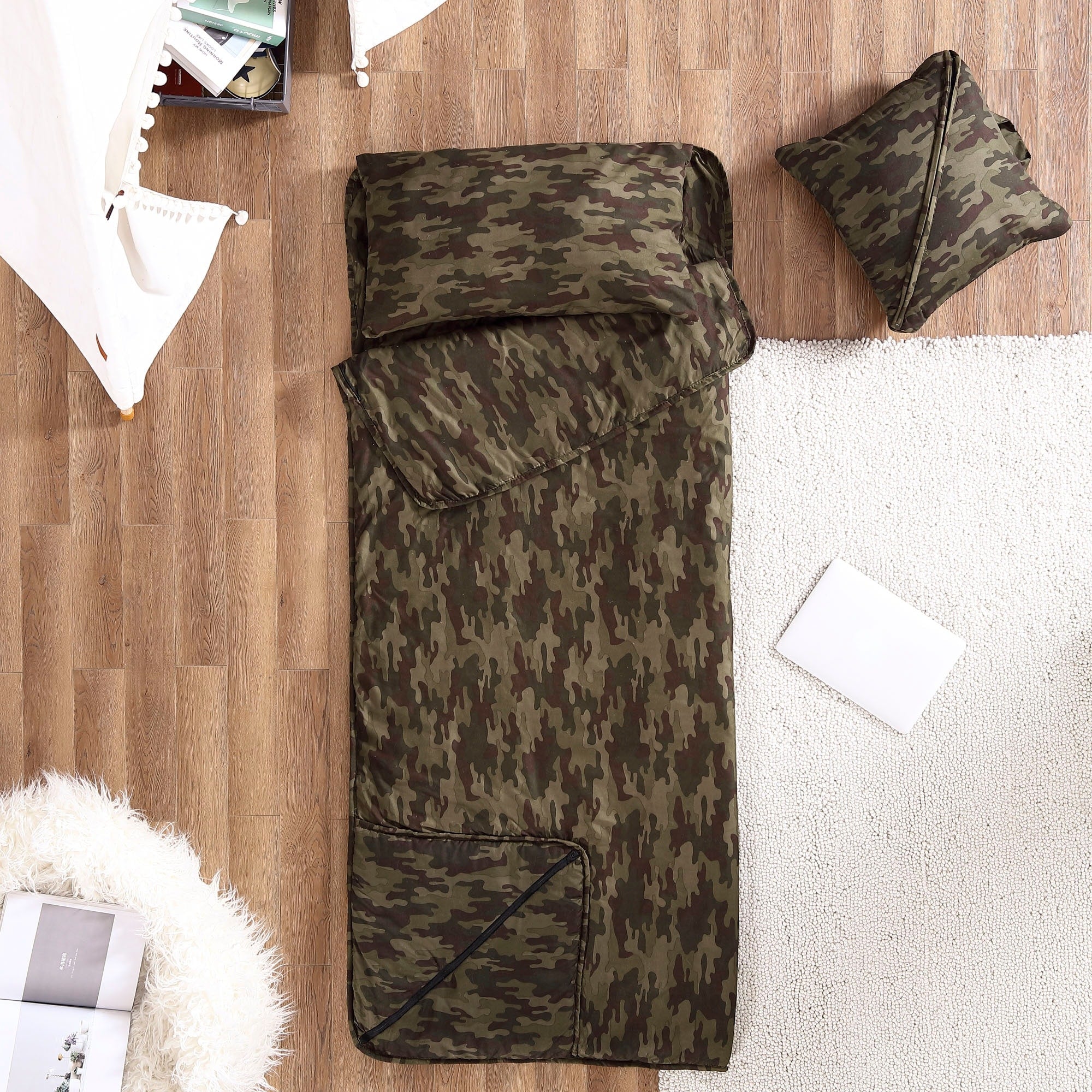 Tapis de sieste pliable Brielle Home imprimé camouflage vert avec oreiller intégré