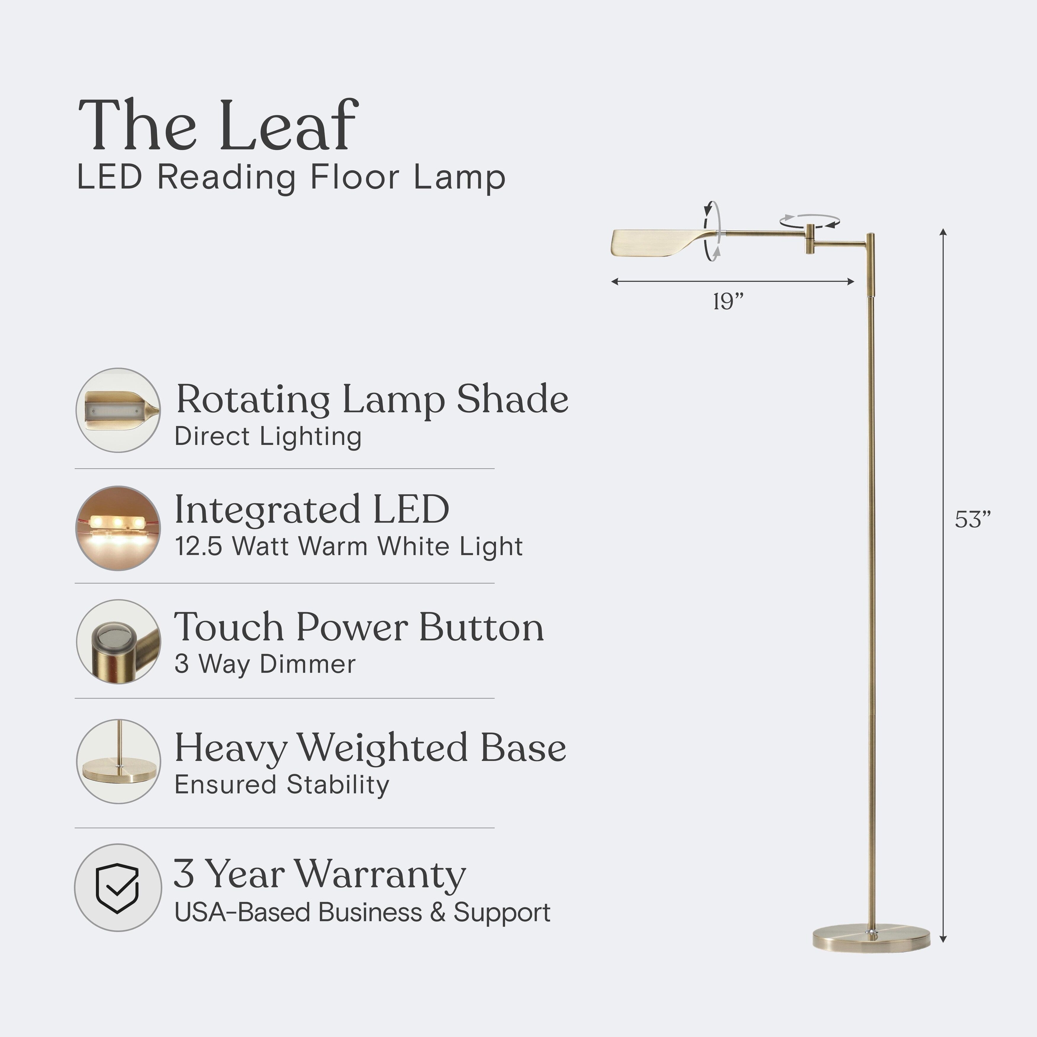 Lampadaire industriel Brightech Leaf de 53 po à DEL à intensité variable à 3 voies avec abat-jour empire en métal laiton