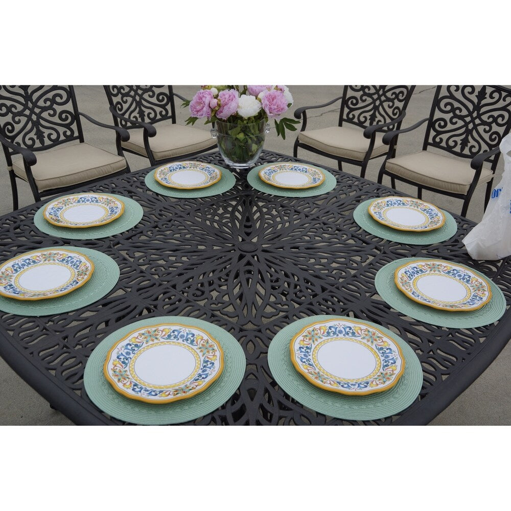 Ensemble de salle à manger de patio 9 pièces avec coussins et table à manger carrée de 64 po