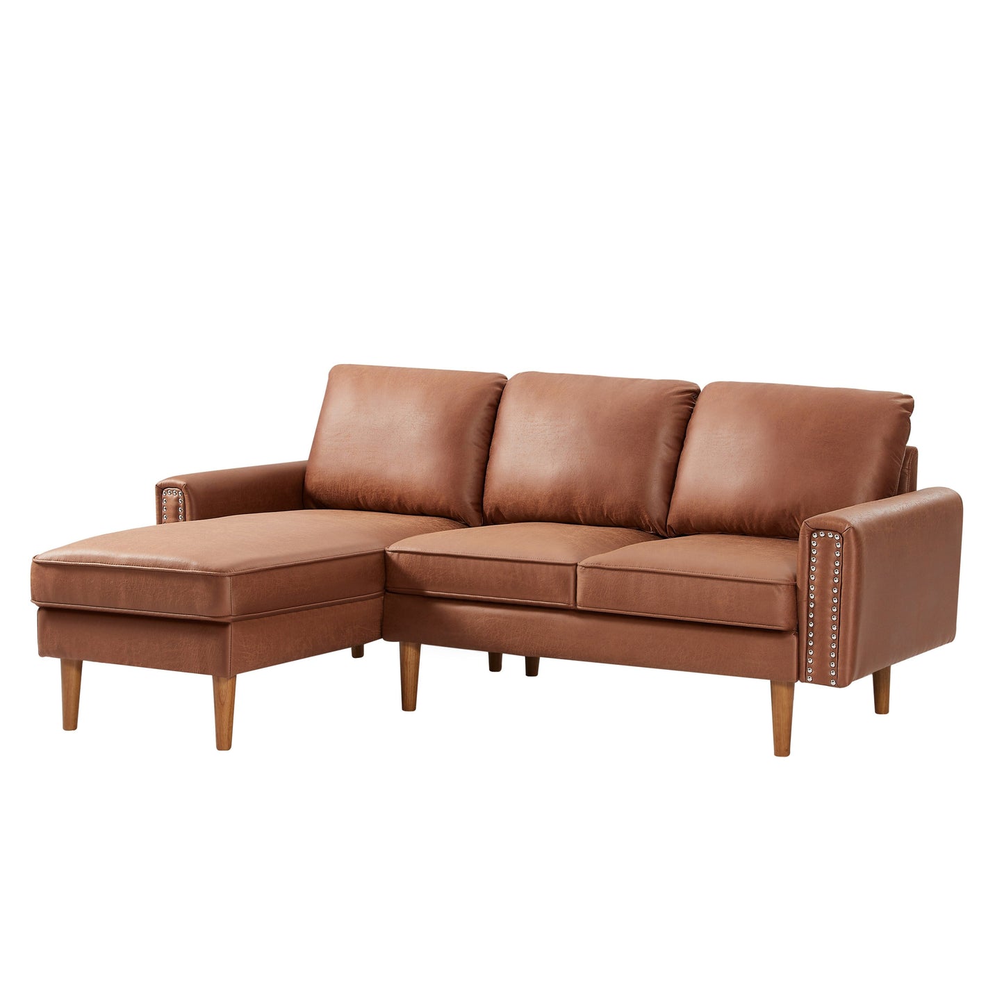 Canapé 3 places en L en cuir synthétique marron de 208 cm avec méridienne gauche et clous décoratifs, finitions cuivrées et pieds en bois massif.