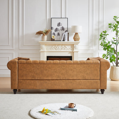 Canapé Chesterfield 3 places en tissu technique marron 85,5 avec accoudoirs roulés et 2 coussins pour le salon