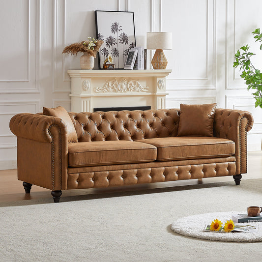 Canapé Chesterfield 3 places en tissu technique marron 85,5 avec accoudoirs roulés et 2 coussins pour le salon