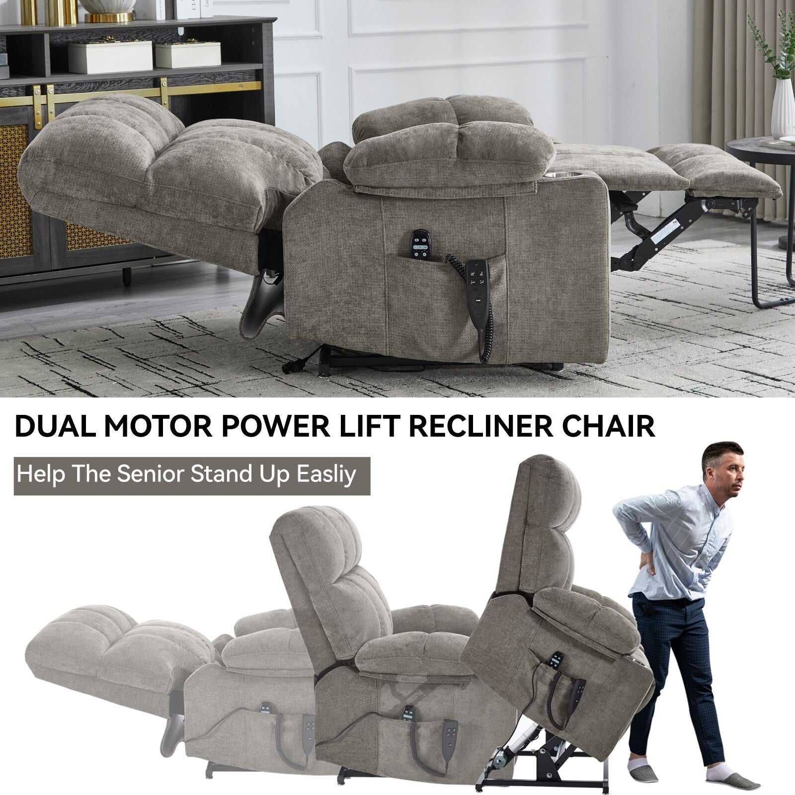 Fauteuil inclinable électrique à double moteur marron, position infinie, jusqu'à 350 lb, en chenille, mécanisme de mouvement robuste