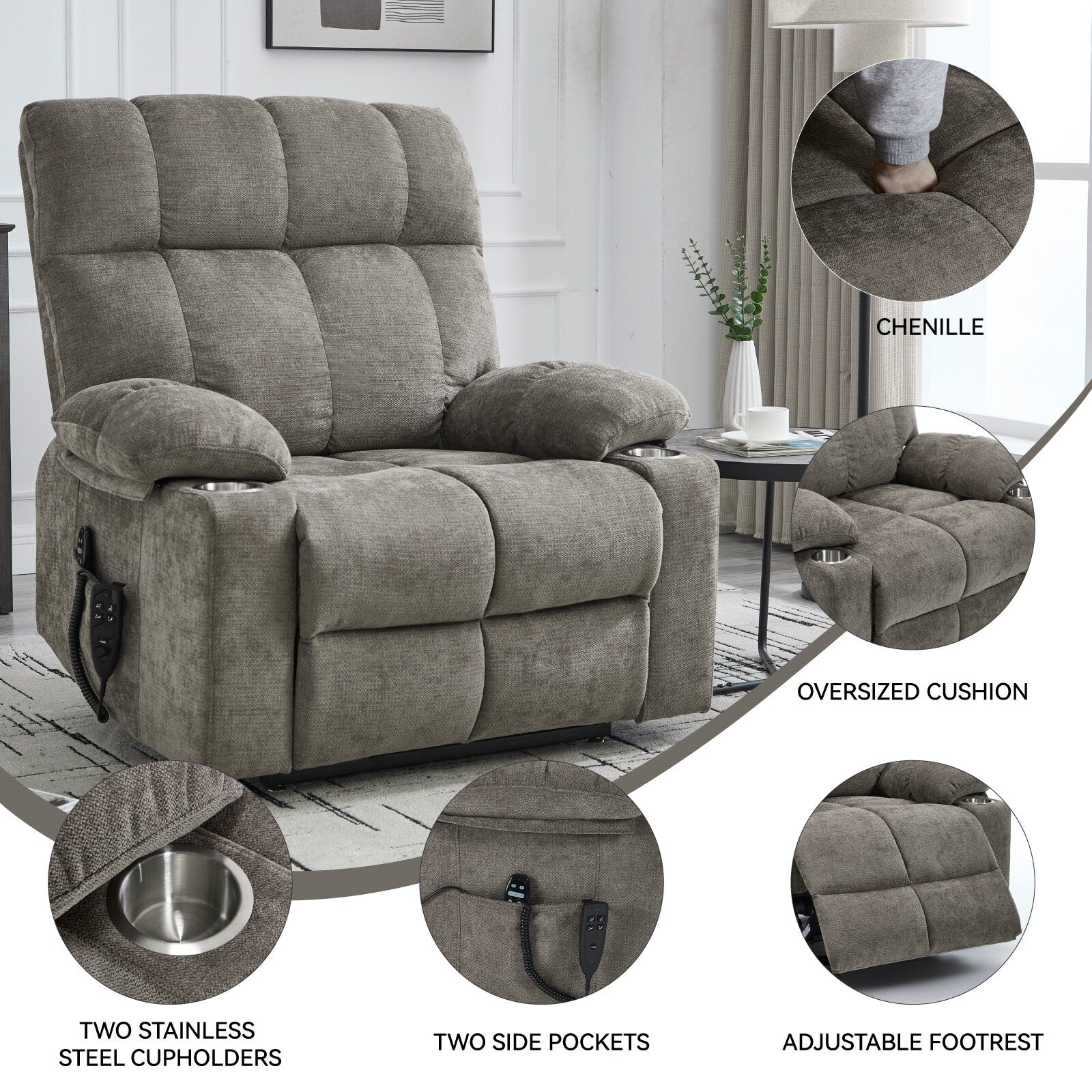 Fauteuil inclinable électrique à double moteur marron, position infinie, jusqu'à 350 lb, en chenille, mécanisme de mouvement robuste