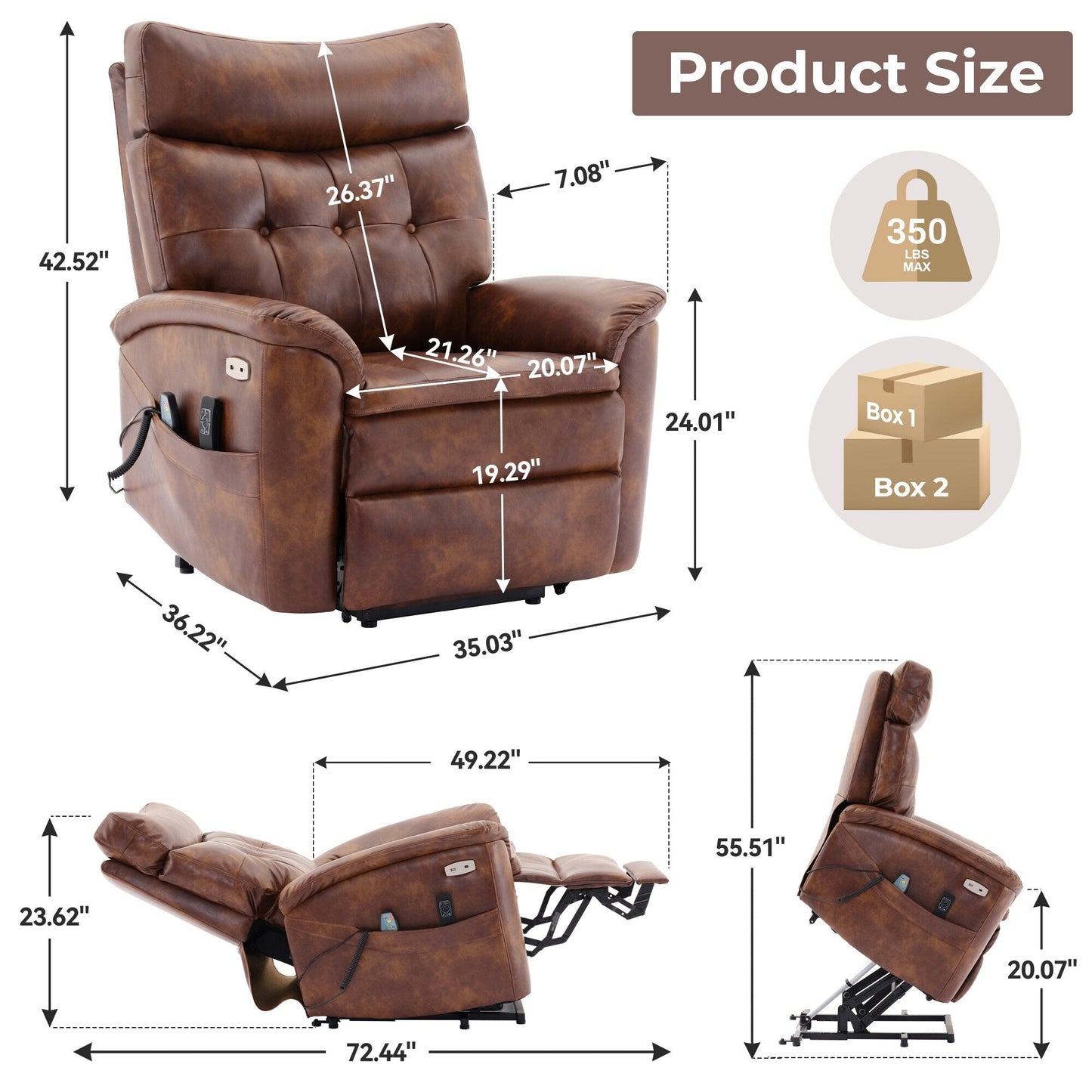 Fauteuil inclinable électrique marron à double moteur avec massage et ports USB