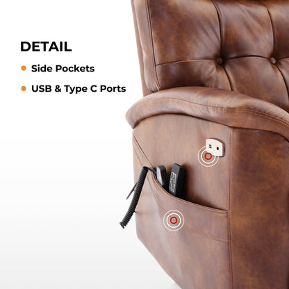 Fauteuil inclinable électrique marron à double moteur avec massage et ports USB