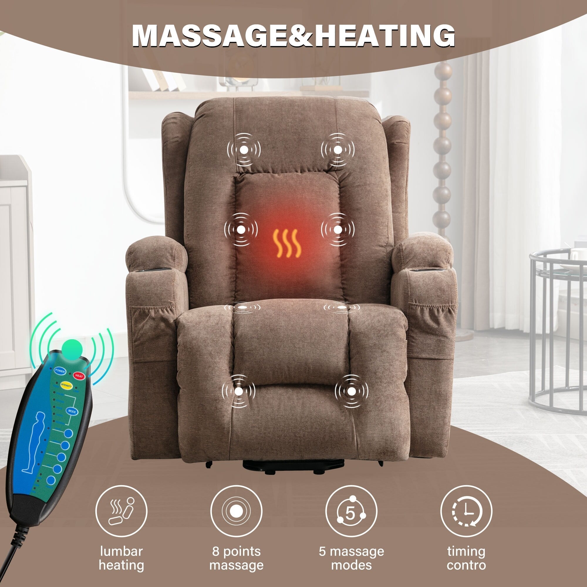 Fauteuil inclinable électrique marron avec chauffage, massage, chargement USB et rangement latéral, inclinaison réglable pour personnes âgées