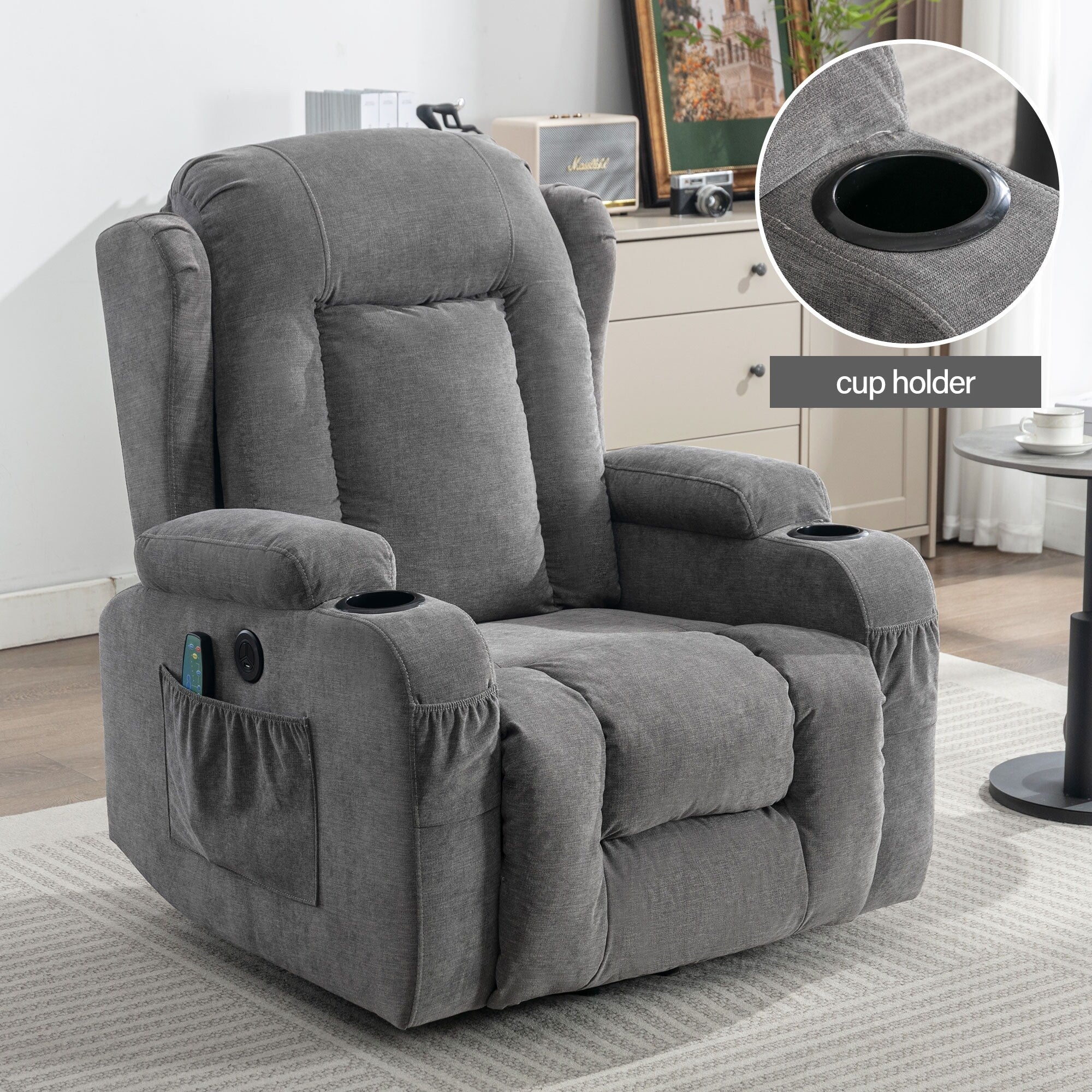 Fauteuil inclinable électrique marron avec chauffage, massage, chargement USB et rangement latéral, inclinaison réglable pour personnes âgées