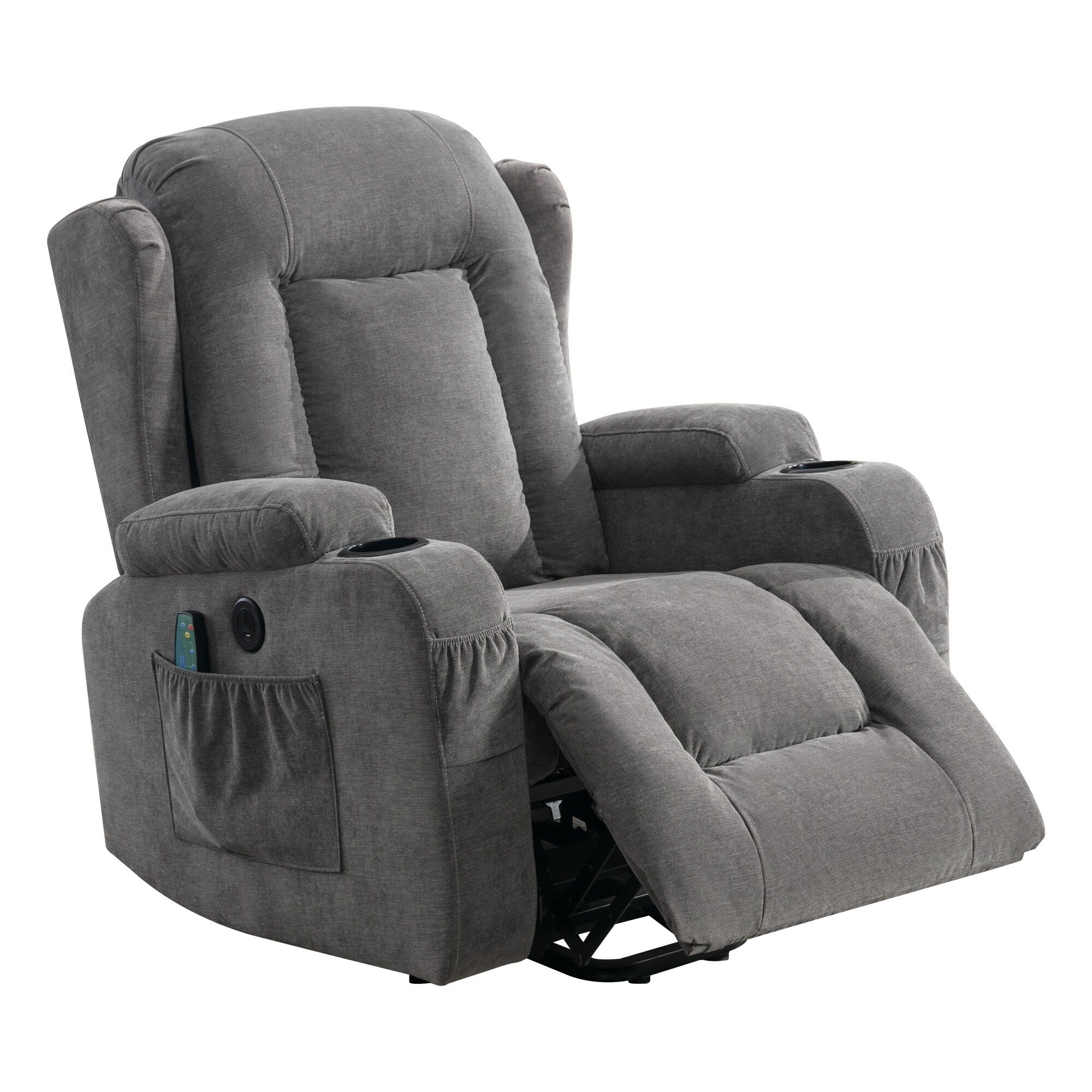 Fauteuil inclinable électrique marron avec chauffage, massage, chargement USB et rangement latéral, inclinaison réglable pour personnes âgées