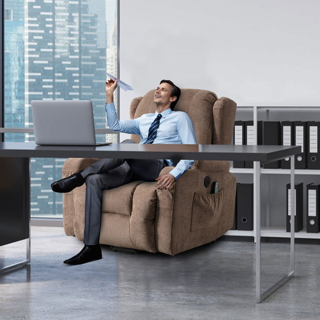 Fauteuil inclinable électrique marron avec chauffage, massage, chargement USB et rangement latéral, inclinaison réglable pour personnes âgées