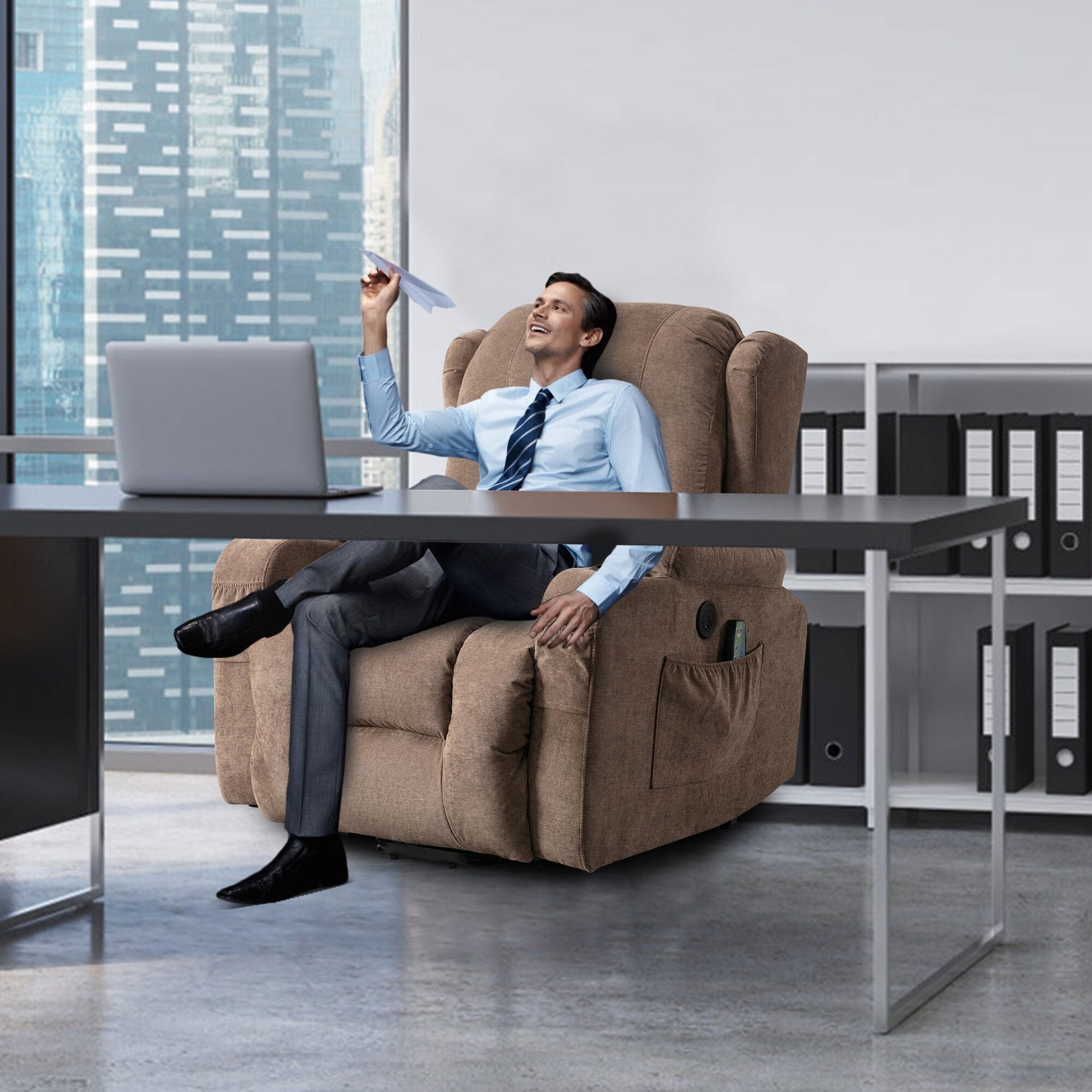 Fauteuil inclinable électrique marron avec chauffage, massage, chargement USB et rangement latéral, inclinaison réglable pour personnes âgées