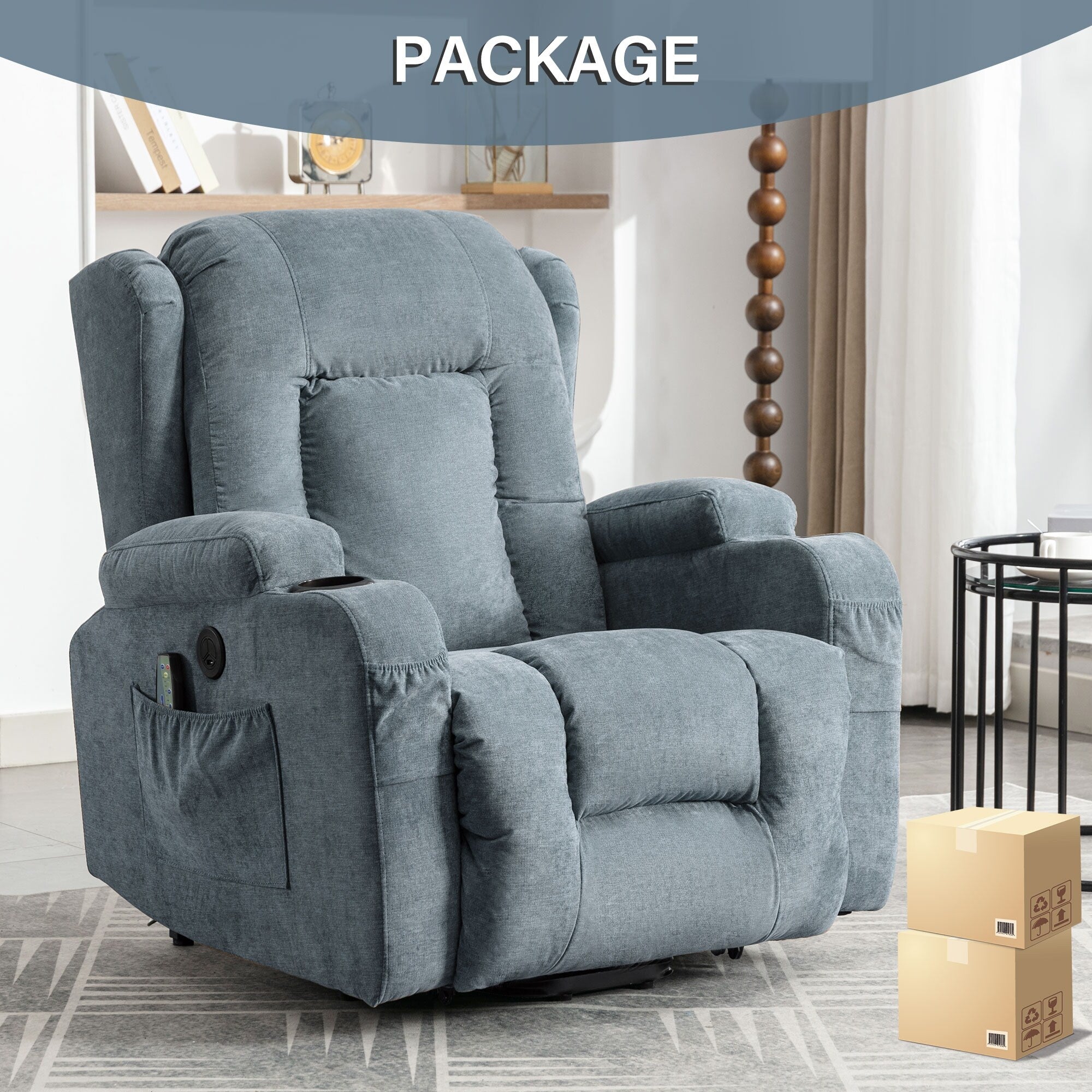 Fauteuil inclinable électrique marron avec chauffage, massage, chargement USB et rangement latéral, inclinaison réglable pour personnes âgées