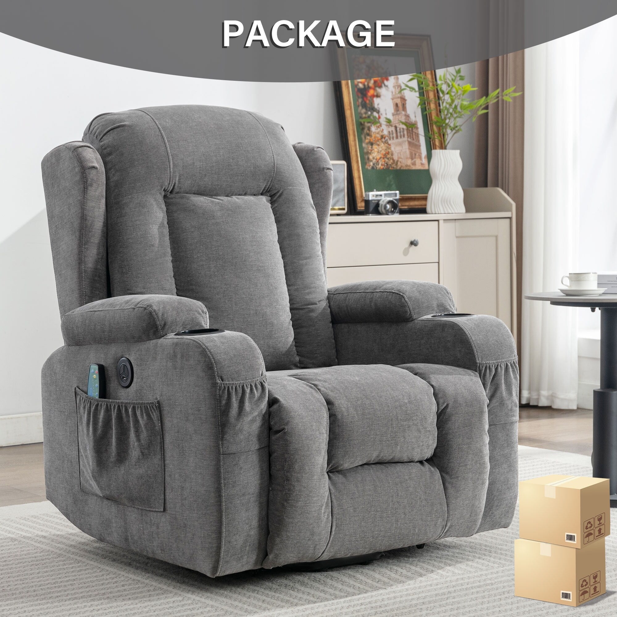 Fauteuil inclinable électrique marron avec chauffage, massage, chargement USB et rangement latéral, inclinaison réglable pour personnes âgées