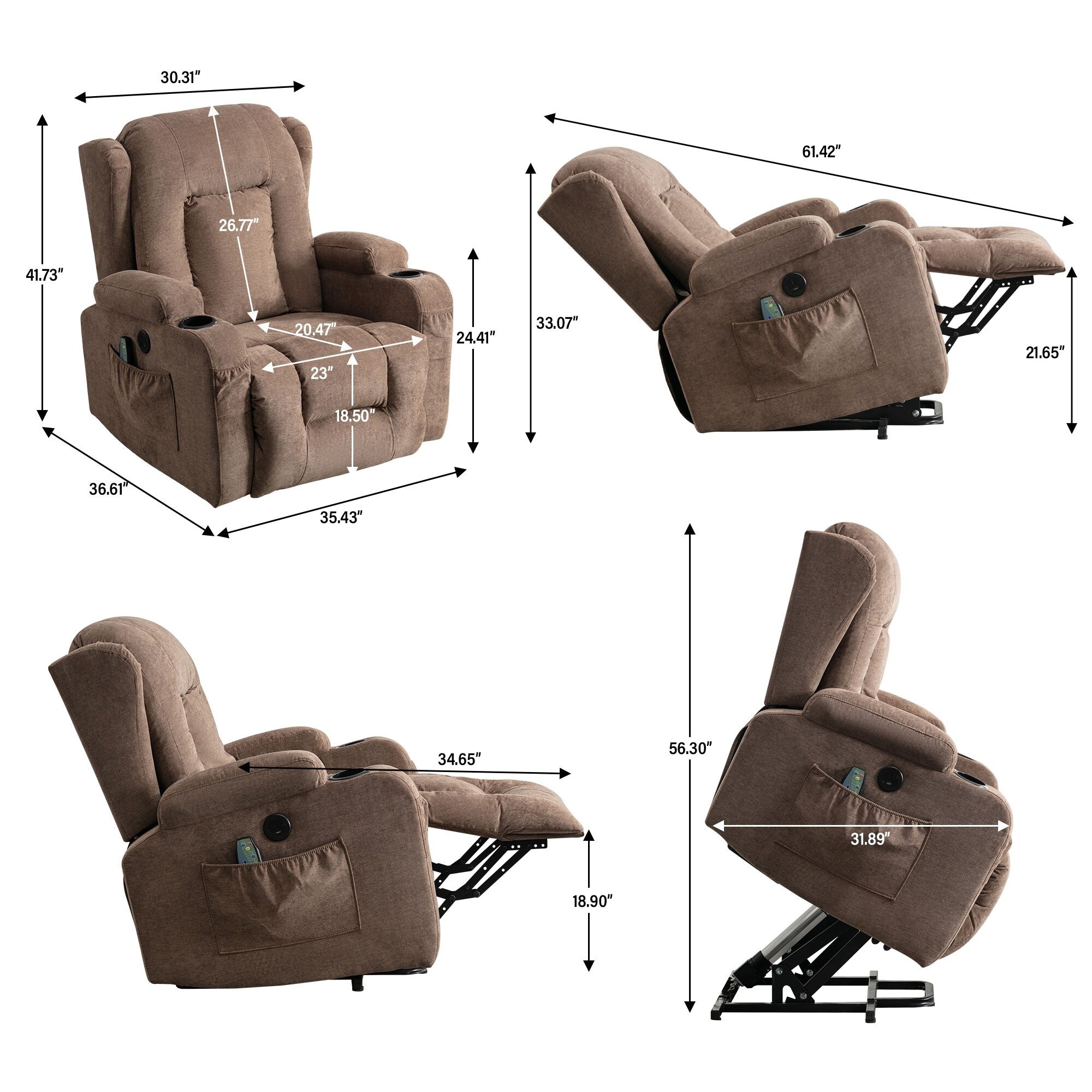 Fauteuil inclinable électrique marron avec chauffage, massage, chargement USB et rangement latéral, inclinaison réglable pour personnes âgées