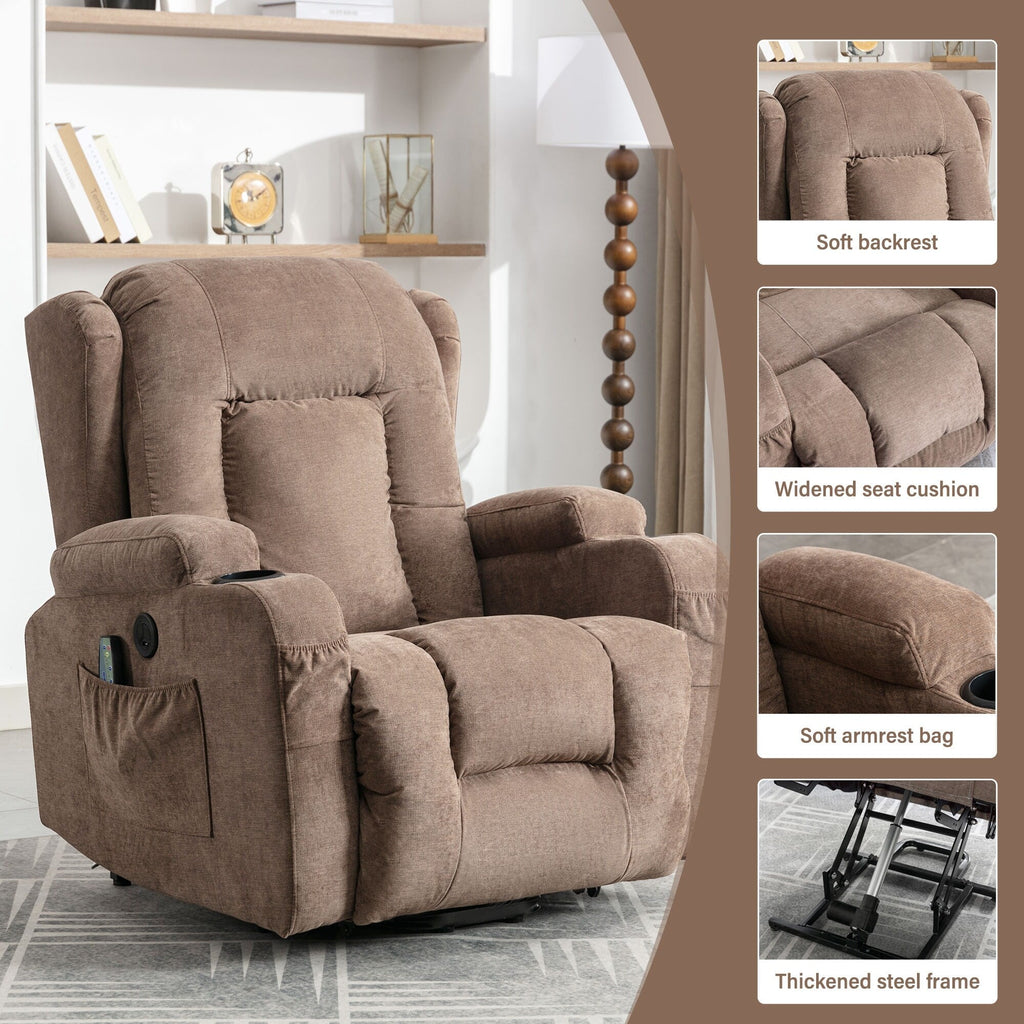 Fauteuil inclinable électrique marron avec chauffage, massage, chargement USB et rangement latéral, inclinaison réglable pour personnes âgées
