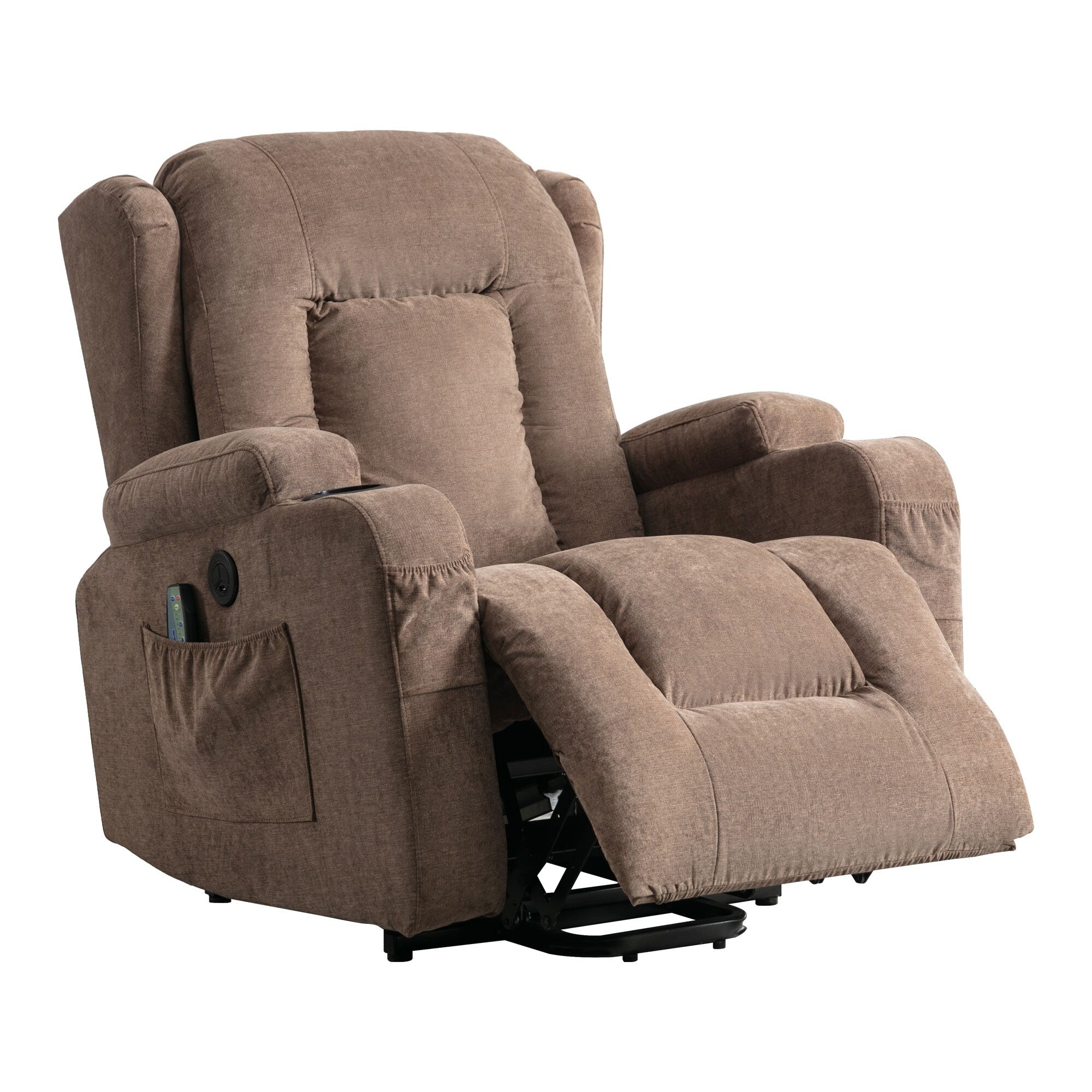 Fauteuil inclinable électrique marron avec chauffage, massage, chargement USB et rangement latéral, inclinaison réglable pour personnes âgées