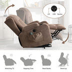 Fauteuil inclinable électrique marron avec chauffage, massage, chargement USB et rangement latéral, inclinaison réglable pour personnes âgées