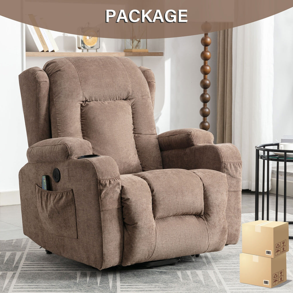 Fauteuil inclinable électrique marron avec chauffage, massage, chargement USB et rangement latéral, inclinaison réglable pour personnes âgées