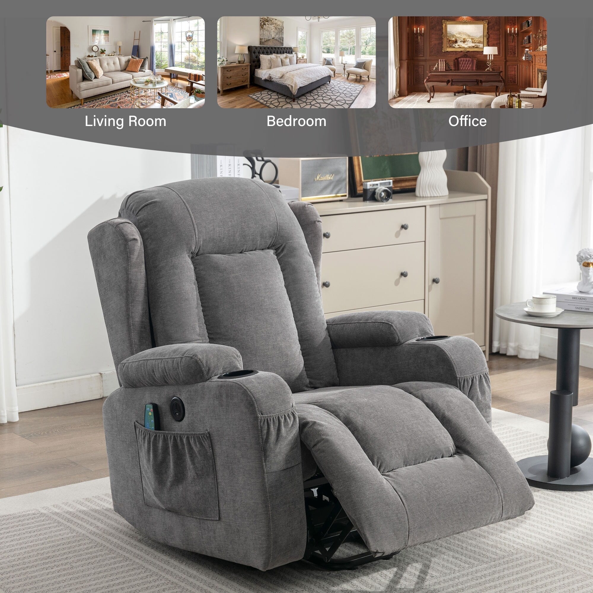 Fauteuil inclinable électrique marron avec chauffage, massage, chargement USB et rangement latéral, inclinaison réglable pour personnes âgées
