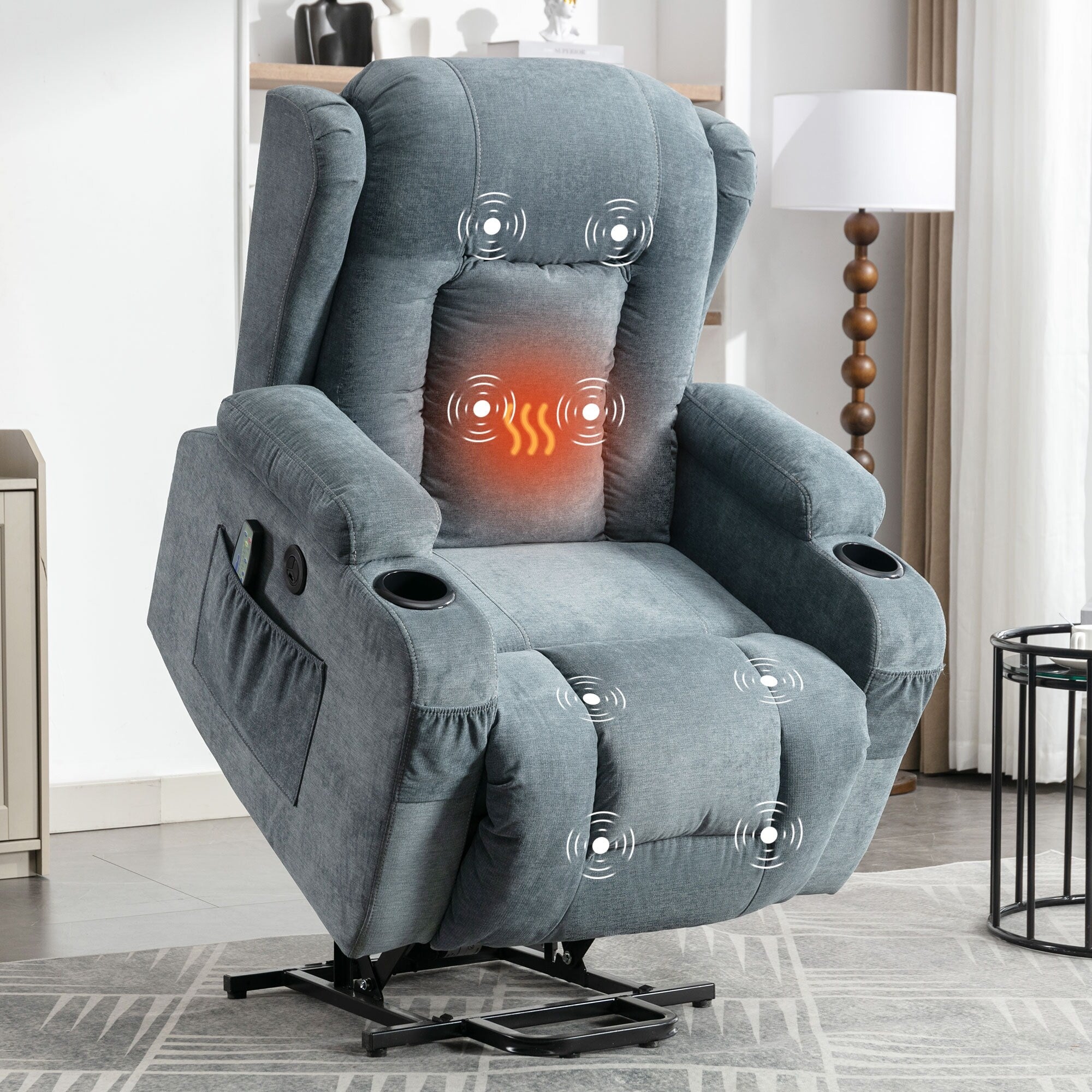 Fauteuil inclinable électrique marron avec chauffage, massage, chargement USB et rangement latéral, inclinaison réglable pour personnes âgées