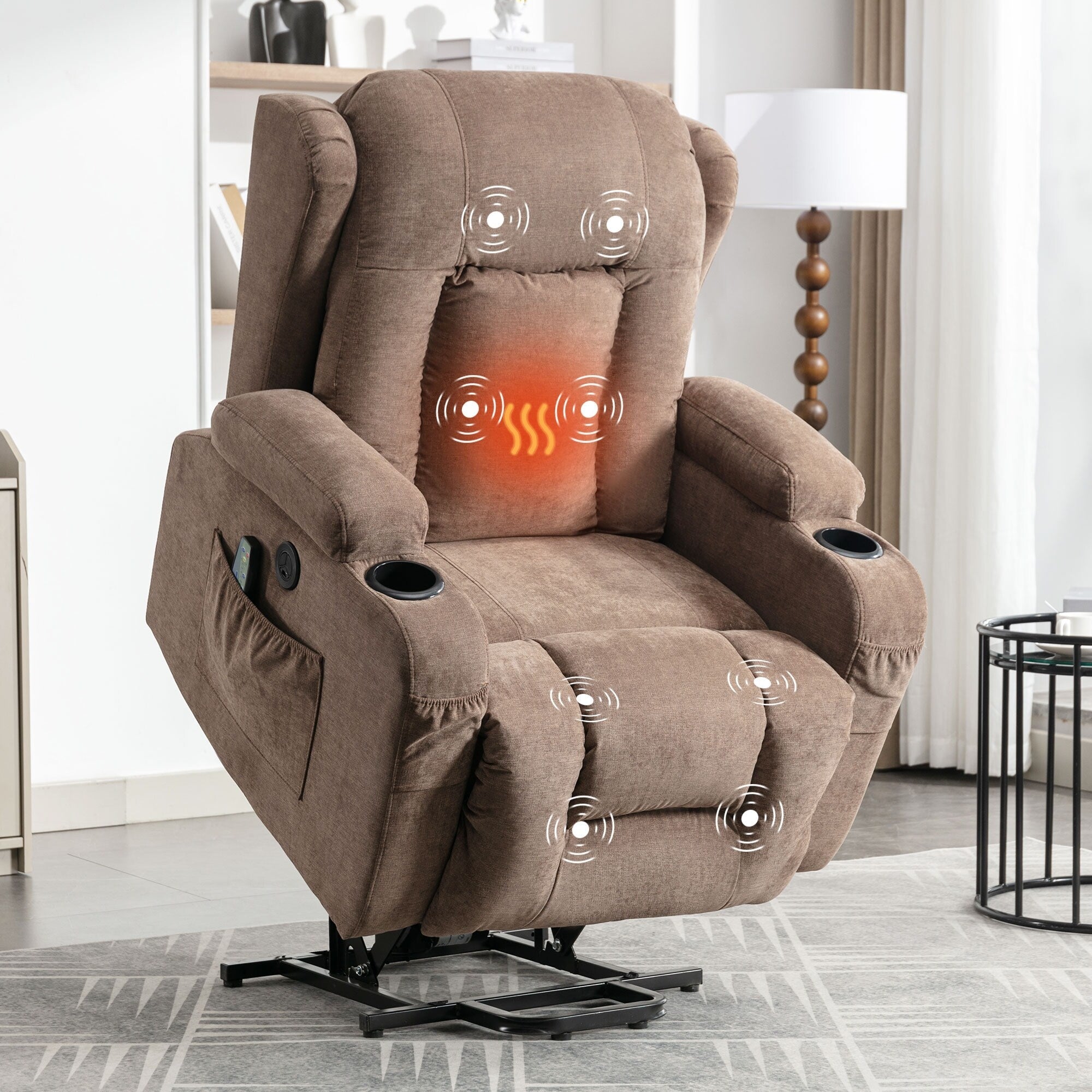 Fauteuil inclinable électrique marron avec chauffage, massage, chargement USB et rangement latéral, inclinaison réglable pour personnes âgées
