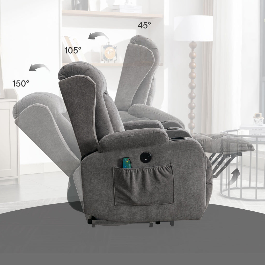 Fauteuil inclinable électrique marron avec chauffage, massage, chargement USB et rangement latéral, inclinaison réglable pour personnes âgées