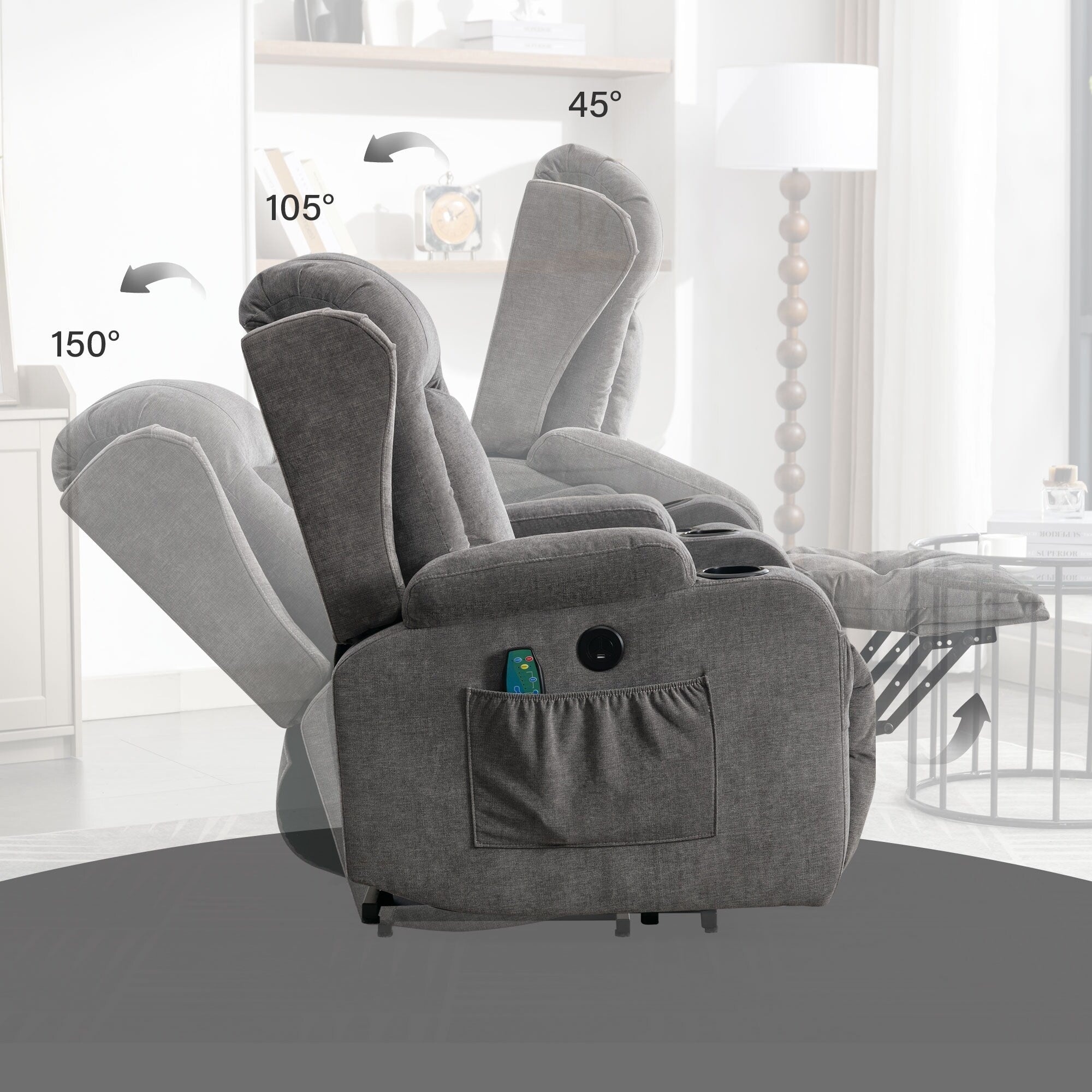 Fauteuil inclinable électrique marron avec chauffage, massage, chargement USB et rangement latéral, inclinaison réglable pour personnes âgées