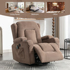 Fauteuil inclinable électrique marron avec chauffage, massage, chargement USB et rangement latéral, inclinaison réglable pour personnes âgées
