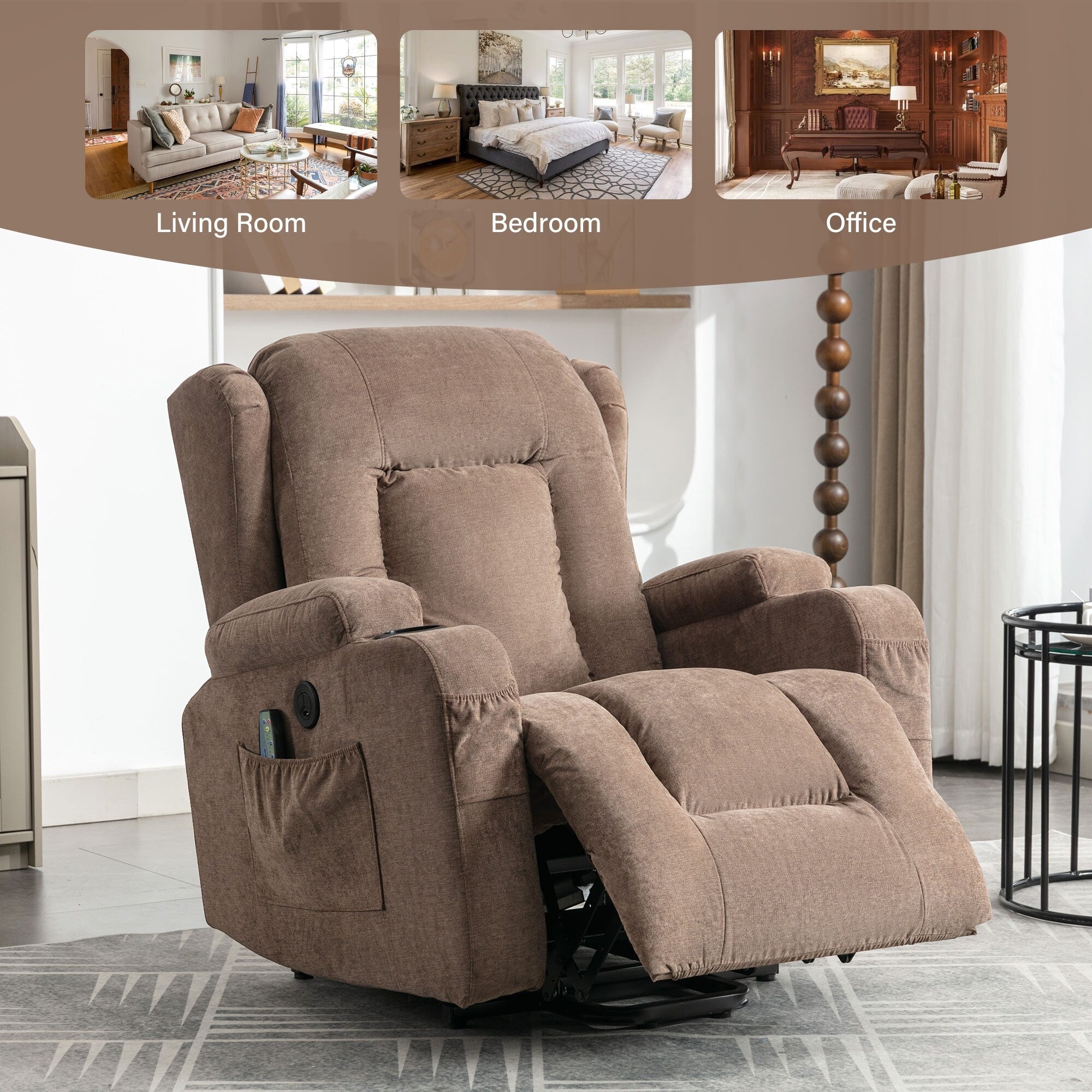 Fauteuil inclinable électrique marron avec chauffage, massage, chargement USB et rangement latéral, inclinaison réglable pour personnes âgées
