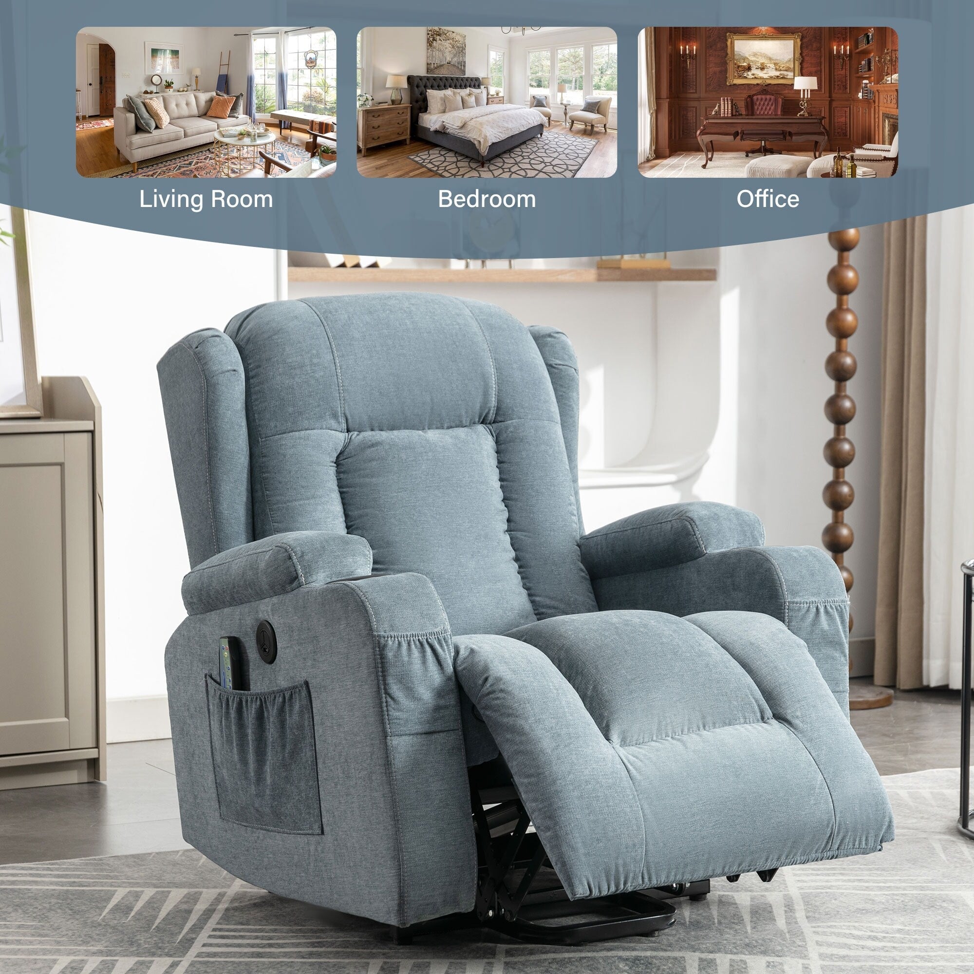 Fauteuil inclinable électrique marron avec chauffage, massage, chargement USB et rangement latéral, inclinaison réglable pour personnes âgées