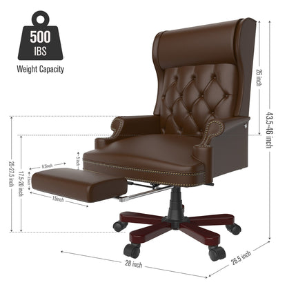 Fauteuil de bureau pivotant ergonomique en cuir synthétique marron avec repose-pieds, dossier capitonné et décoration cloutée