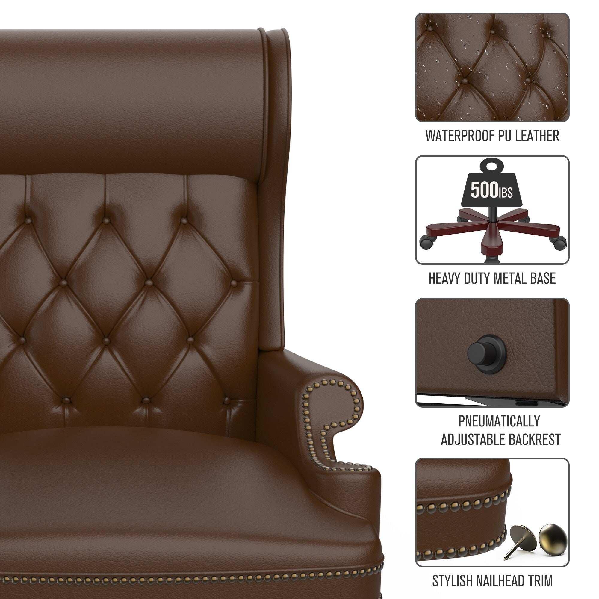 Fauteuil de bureau pivotant ergonomique en cuir synthétique marron avec repose-pieds, dossier capitonné et décoration cloutée