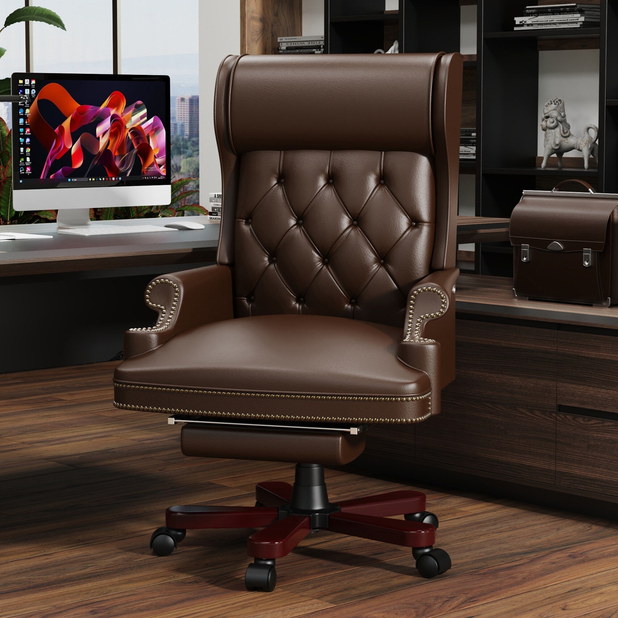Fauteuil de bureau pivotant ergonomique en cuir synthétique marron avec repose-pieds, dossier capitonné et décoration cloutée